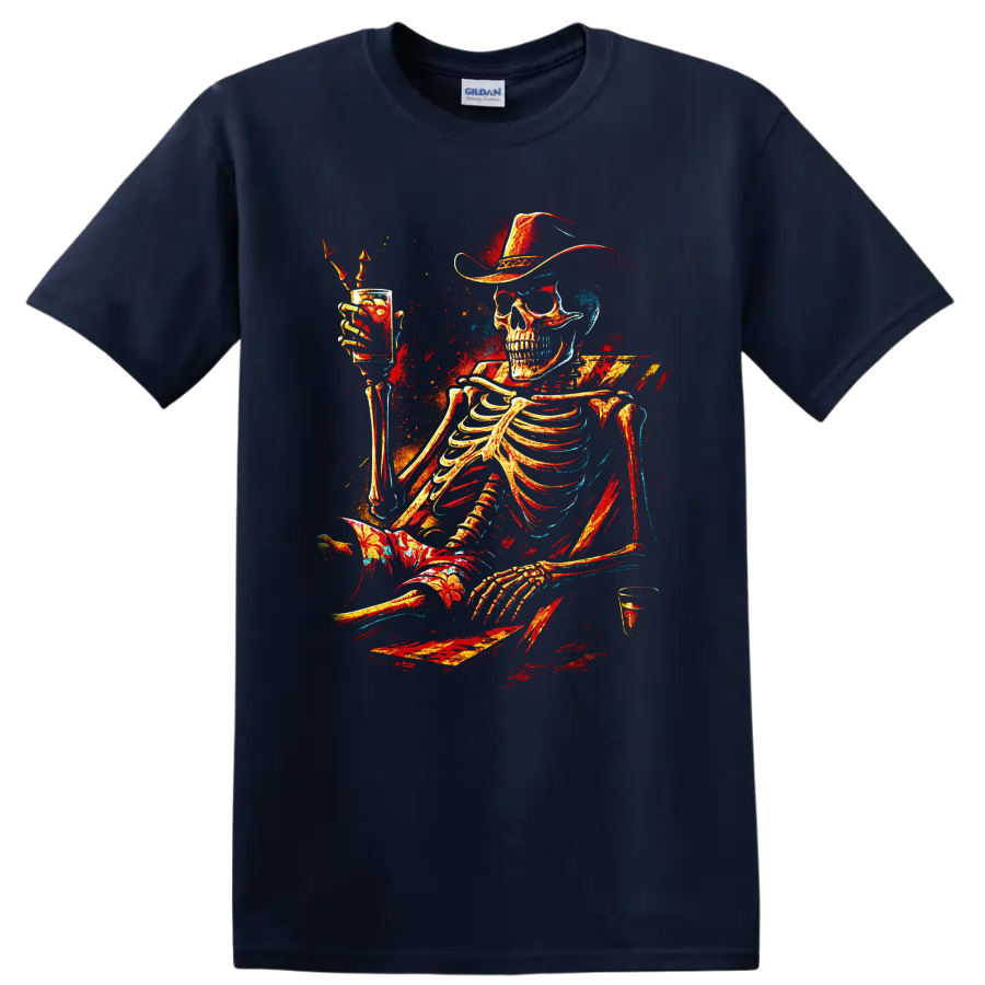 Western gothic skeleton cowboy raising a cocktail glass with colorful splatter art on a Navy (Blue) T Shirt