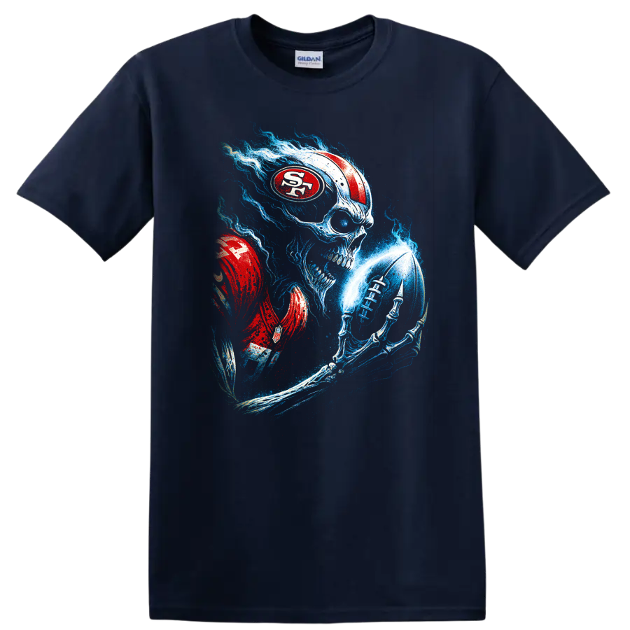 Gothic skull football player with red helmet and blue flames on a Navy (Blue) T Shirt