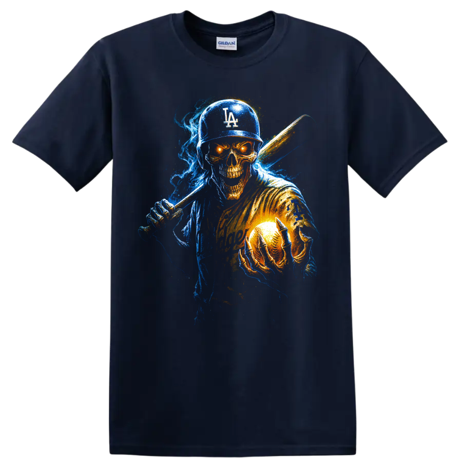 Neon horror baseball skull player with bat and glowing baseball on a Navy (Blue) T Shirt