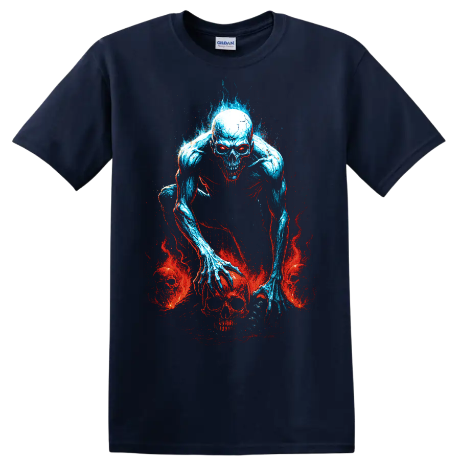 Blue undead skeleton skull with red flames gothic horror graphic on a Navy (Blue) T Shirt