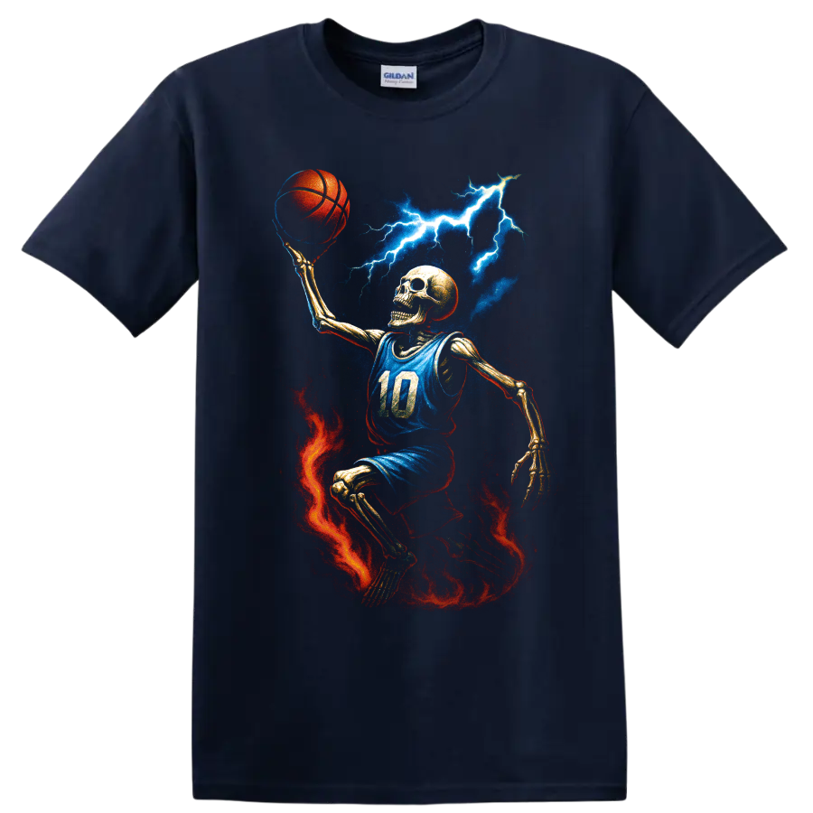 Skeleton basketball player with lightning, fire, and blue jersey on a Navy (Blue) T Shirt