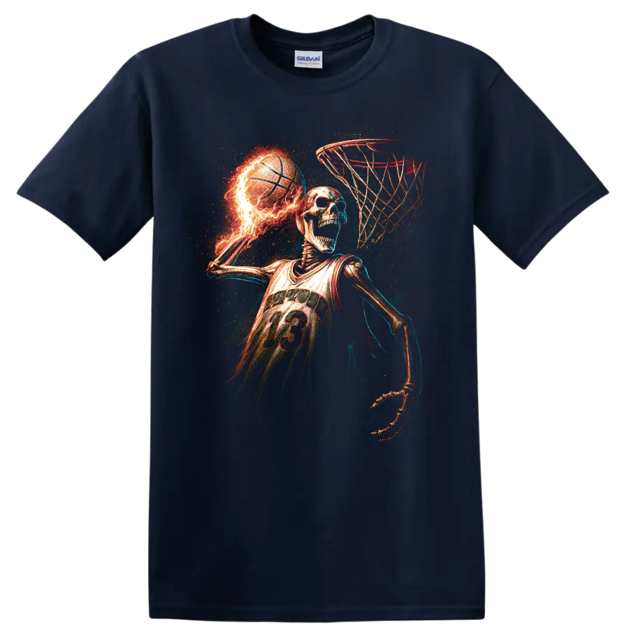 Fiery skeleton basketball player slam dunk graphic with glowing neon effects on a Navy (Blue) T Shirt