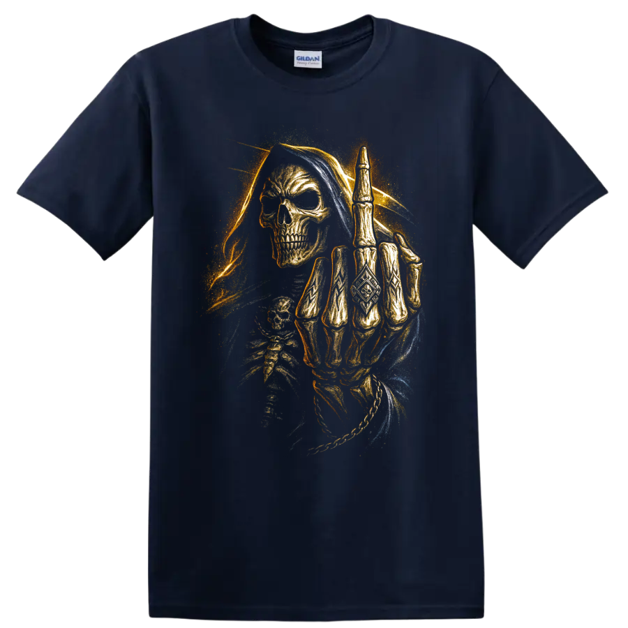 Hooded Grim Reaper skull with raised skeletal hand in gothic dark art on a Navy (Blue) T Shirt