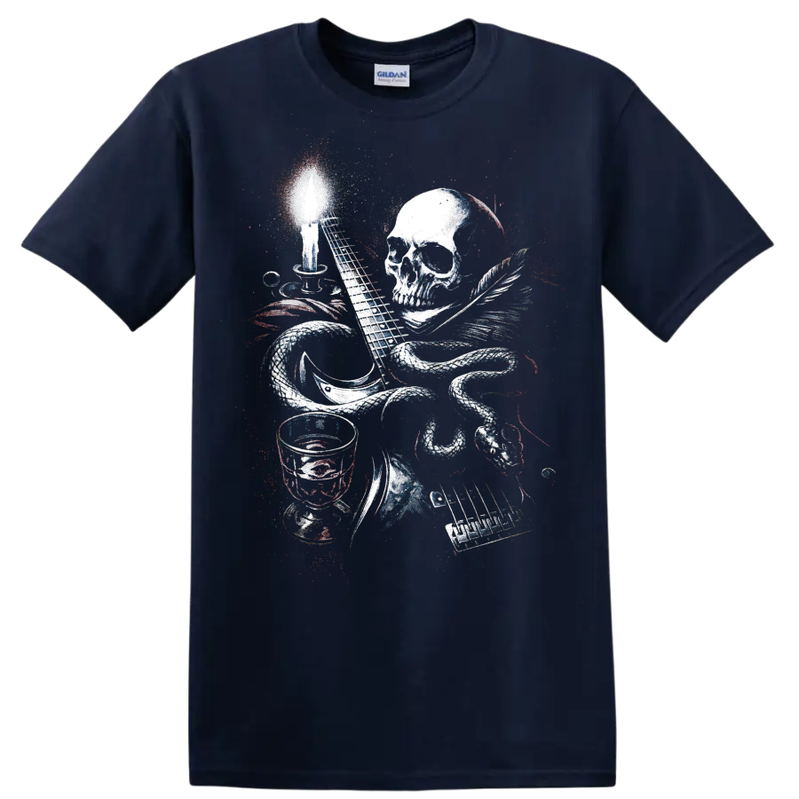 Colorful skull music graphic with guitar, drums, keyboard, and microphone on a Navy (Blue) T Shirt