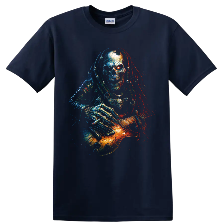 Gothic skull guitarist playing an electric guitar in neon distressed art on a Navy (Blue) T Shirt