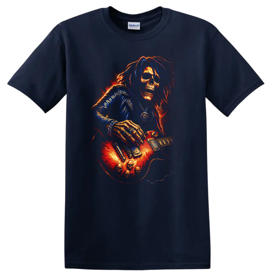 Fiery gothic skull guitarist playing electric guitar graphic on a Navy (Blue) T Shirt