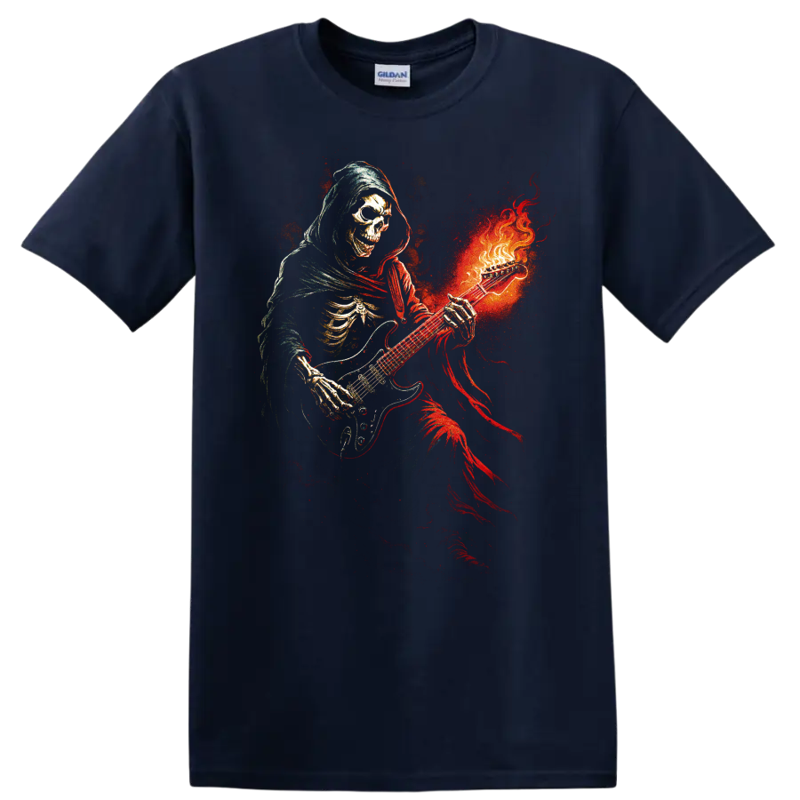 Hooded skull guitarist with fiery red and orange gothic artwork on a Navy (Blue) T Shirt