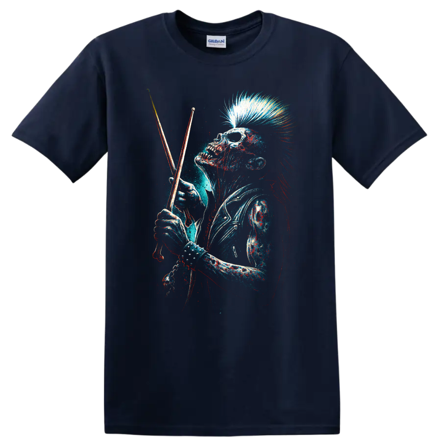 Punk rock skull drummer with mohawk holding drumsticks, distressed graphic art on a Navy (Blue) T Shirt