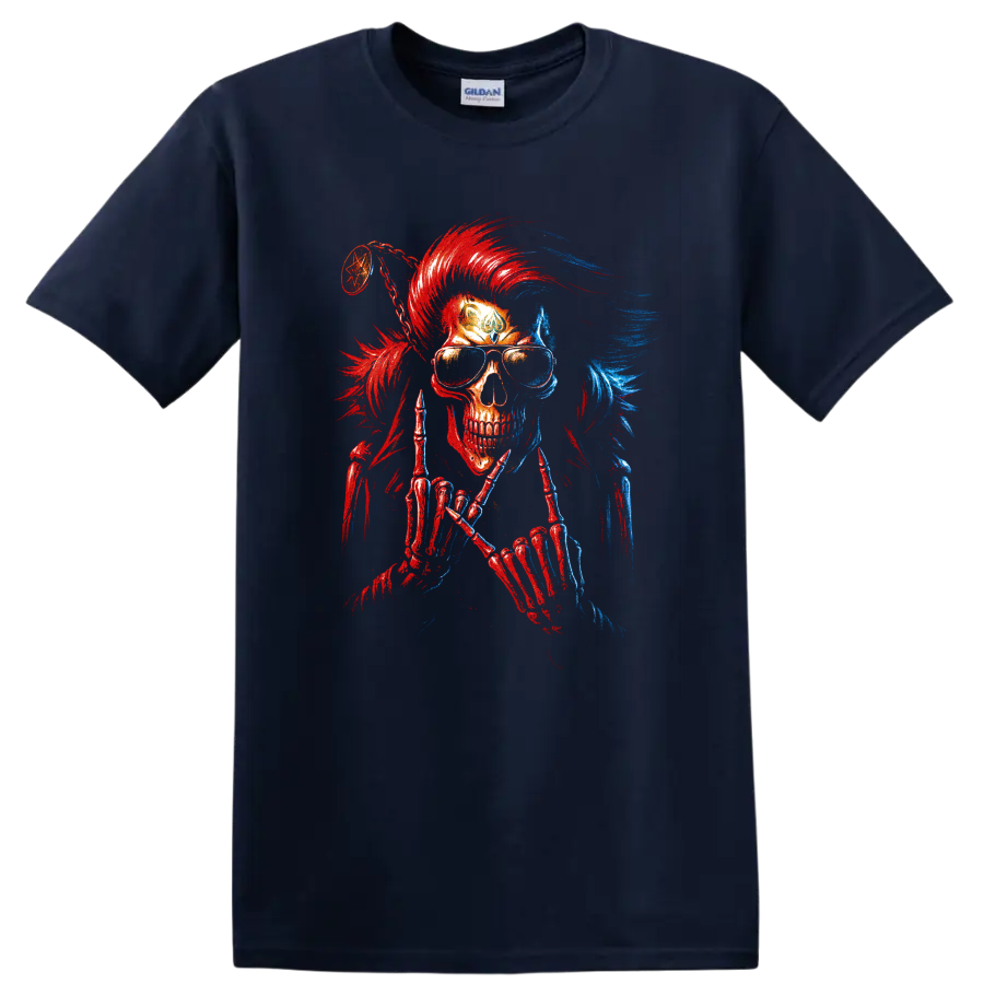Gothic skull warrior with red and blue mohawk, sunglasses, and skeletal hands on a Navy (Blue) T Shirt
