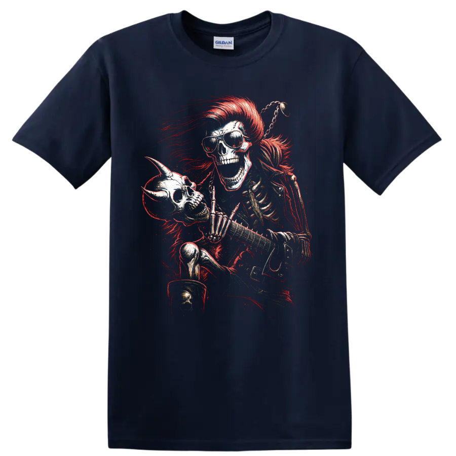 Gothic skeleton guitarist with sunglasses, red mohawk, and electric guitar on a Navy (Blue) T Shirt