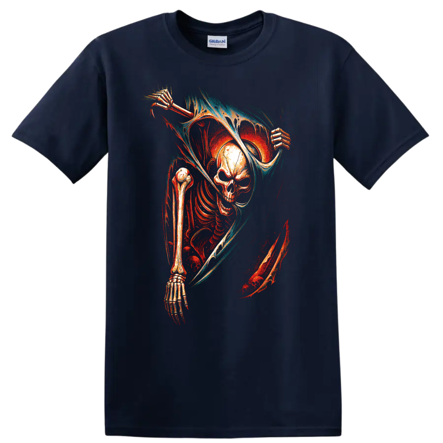Skull reaper with hooded skeletal figure in vivid gothic horror art on a Navy (Blue) T Shirt
