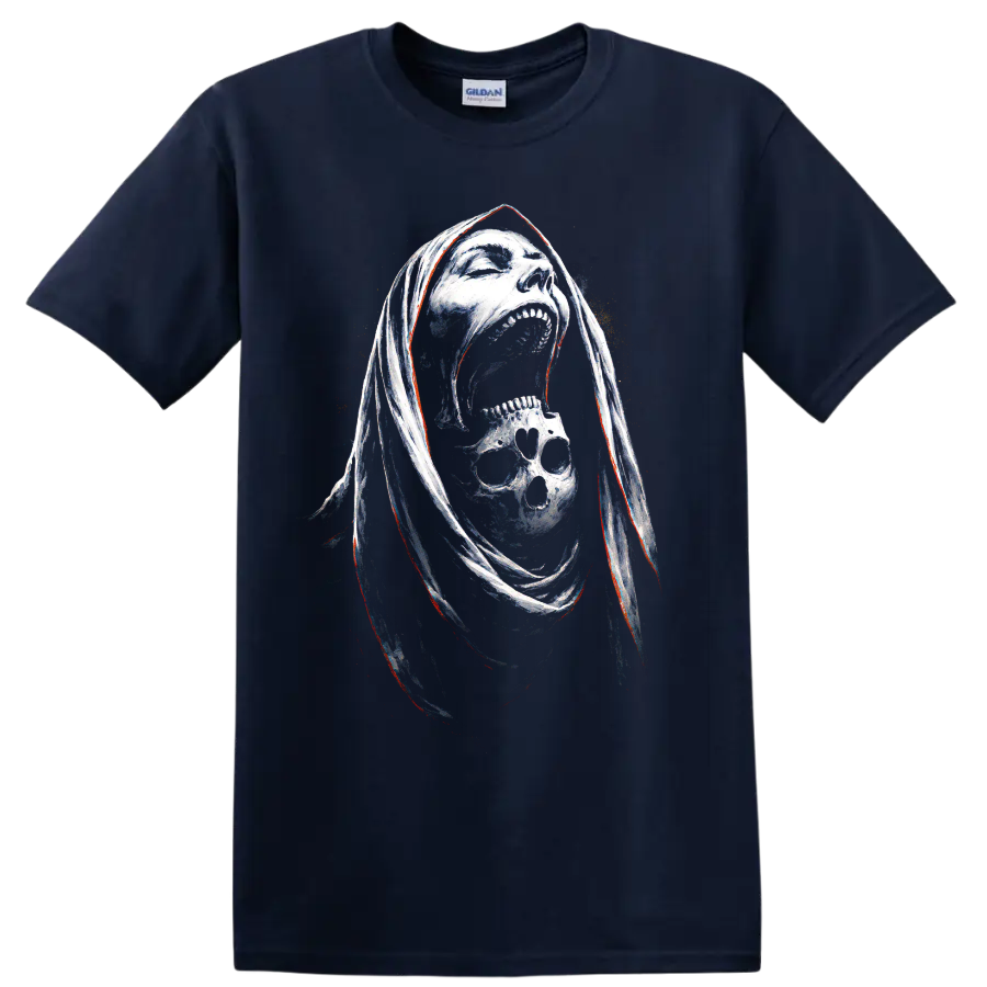 Hooded reaper skull graphic with screaming face and smaller skull on a Navy (Blue) T Shirt