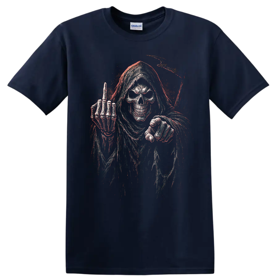 Distressed grim reaper skull gothic horror skeleton graphic on a Navy (Blue) T Shirt