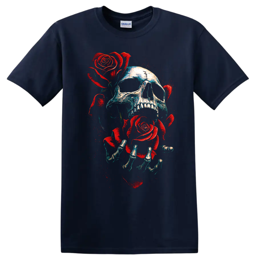 Gothic skull with red roses and skeletal hands distressed graphic on a Navy (Blue) T Shirt