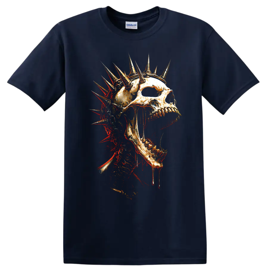 Spiked crown skull graphic in distressed gothic horror style on a Navy (Blue) T Shirt