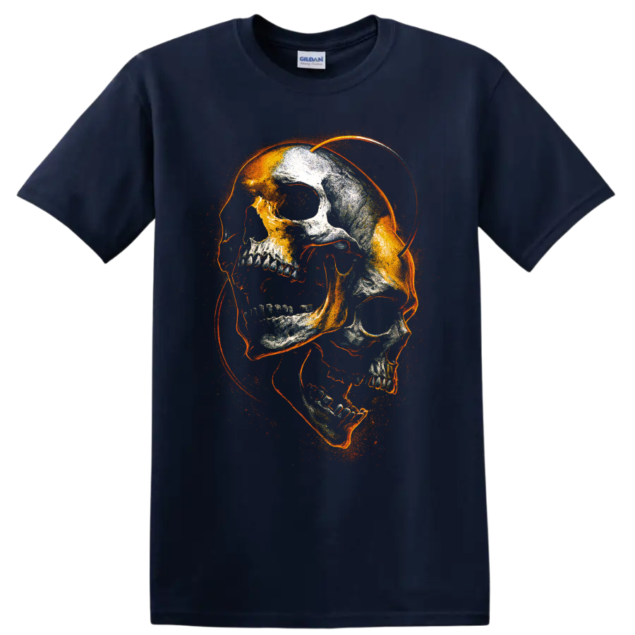 Fiery distressed gothic skull skeleton graphic with orange sparks on a Navy (Blue) T Shirt