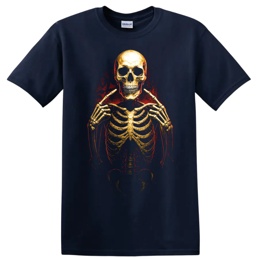 Golden skeleton skull graphic with red grunge horror styling on a Navy (Blue) T Shirt