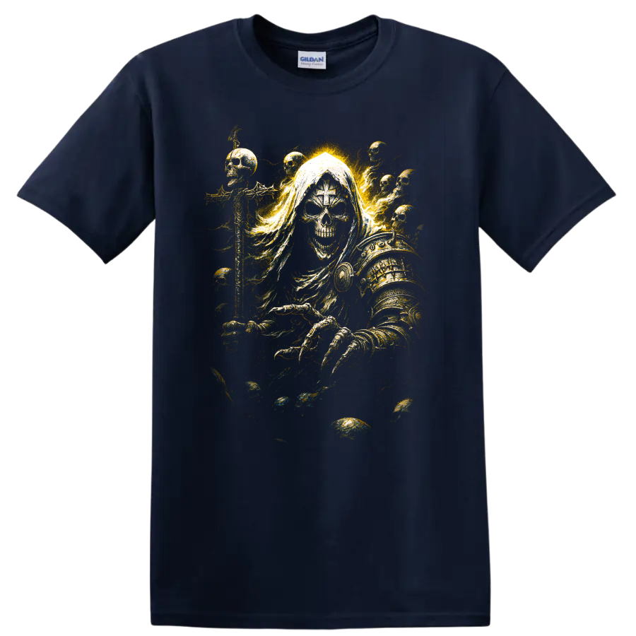 Hooded skull reaper in ornate golden armor with ghostly smoke on a Navy (Blue) T Shirt