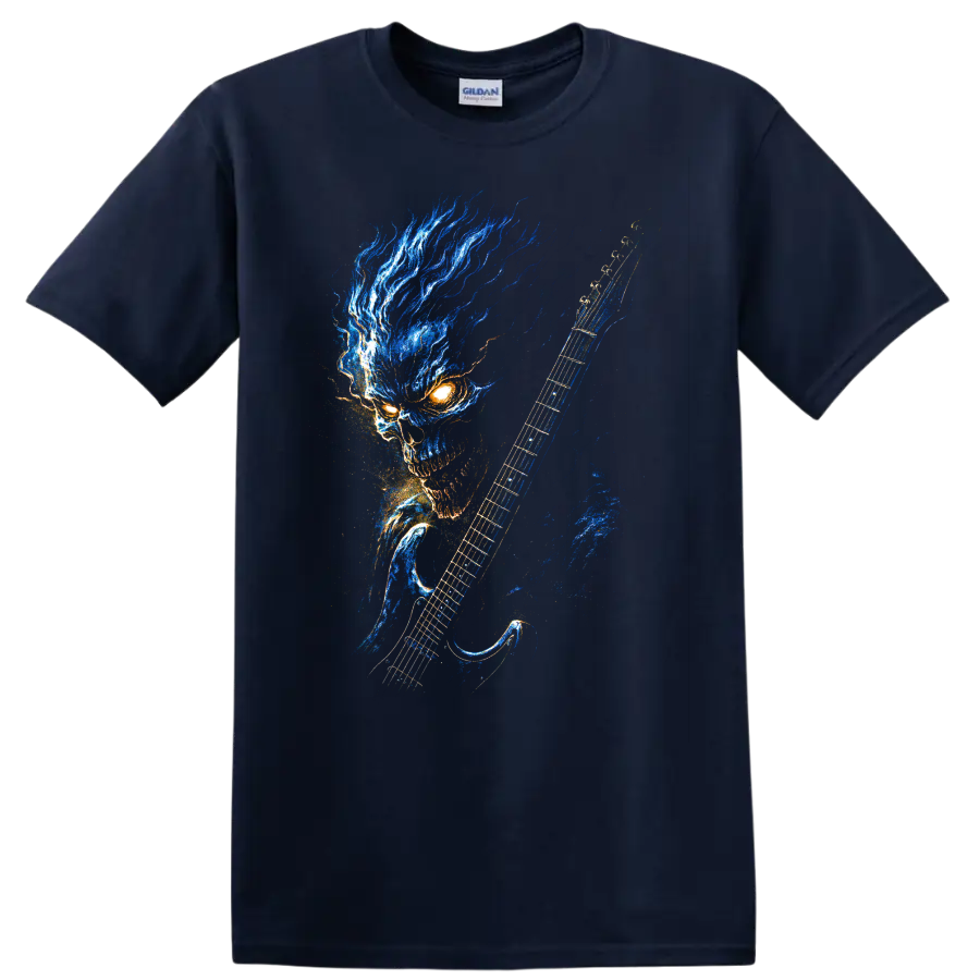 Blue flame skull with electric guitar gothic rock graphic on a Navy (Blue) T Shirt