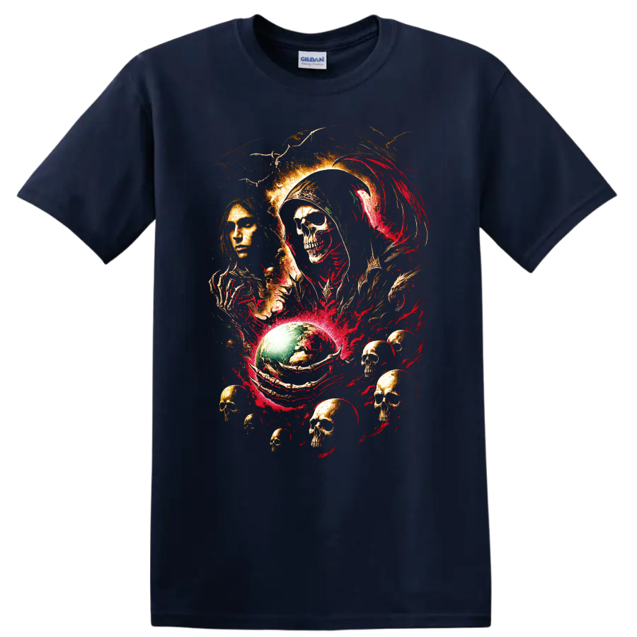 Gothic reaper skull and raven horror art with red and gold details on a Navy (Blue) T Shirt