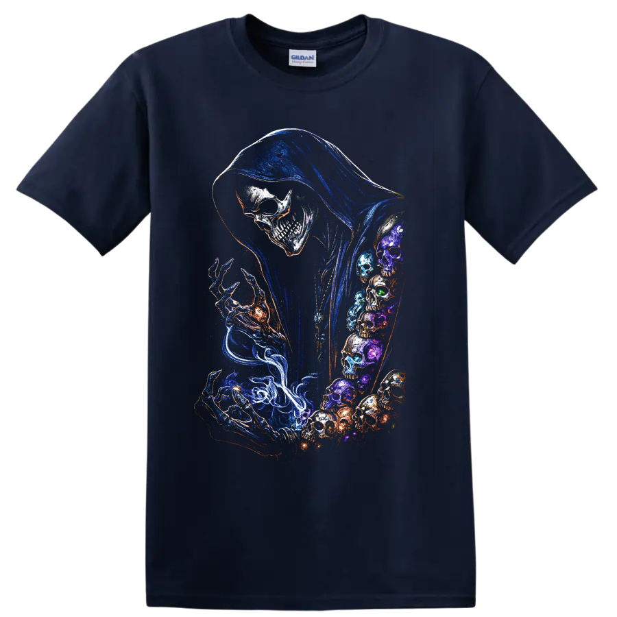 Hooded skull reaper graphic with neon blue hood and swirling colorful skull art on a Navy (Blue) T Shirt