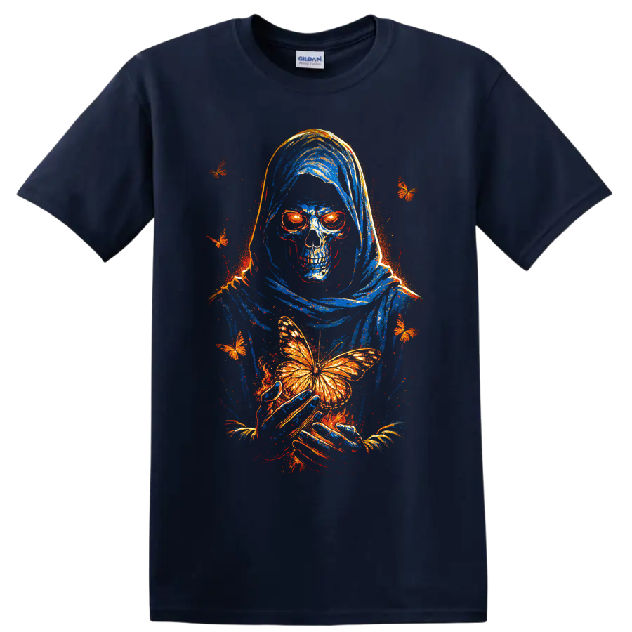Hooded skeleton skull holding an orange butterfly, gothic distressed art on a Navy (Blue) T Shirt