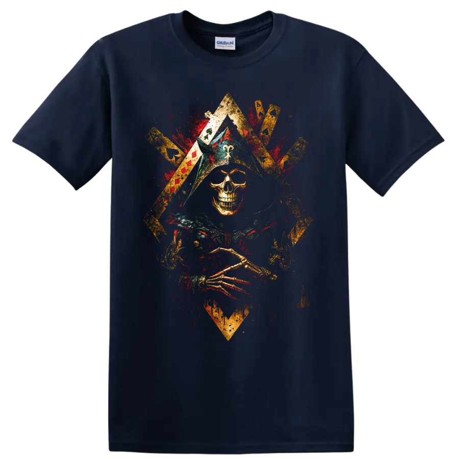 Distressed gothic skull graphic with crossed golden elements and red accents on a Navy (Blue) T Shirt