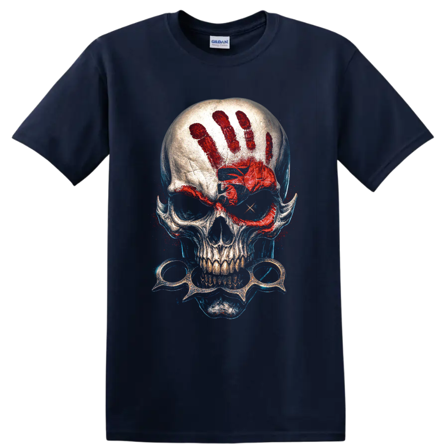 Gothic skull graphic with red handprint, spectacles, and blue splatter on a Navy (Blue) T Shirt