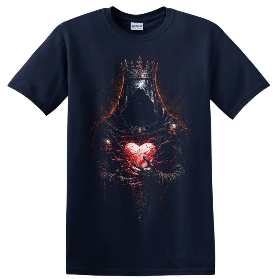 Crowned hooded skull with red heart gothic horror graphic on a Navy (Blue) T Shirt