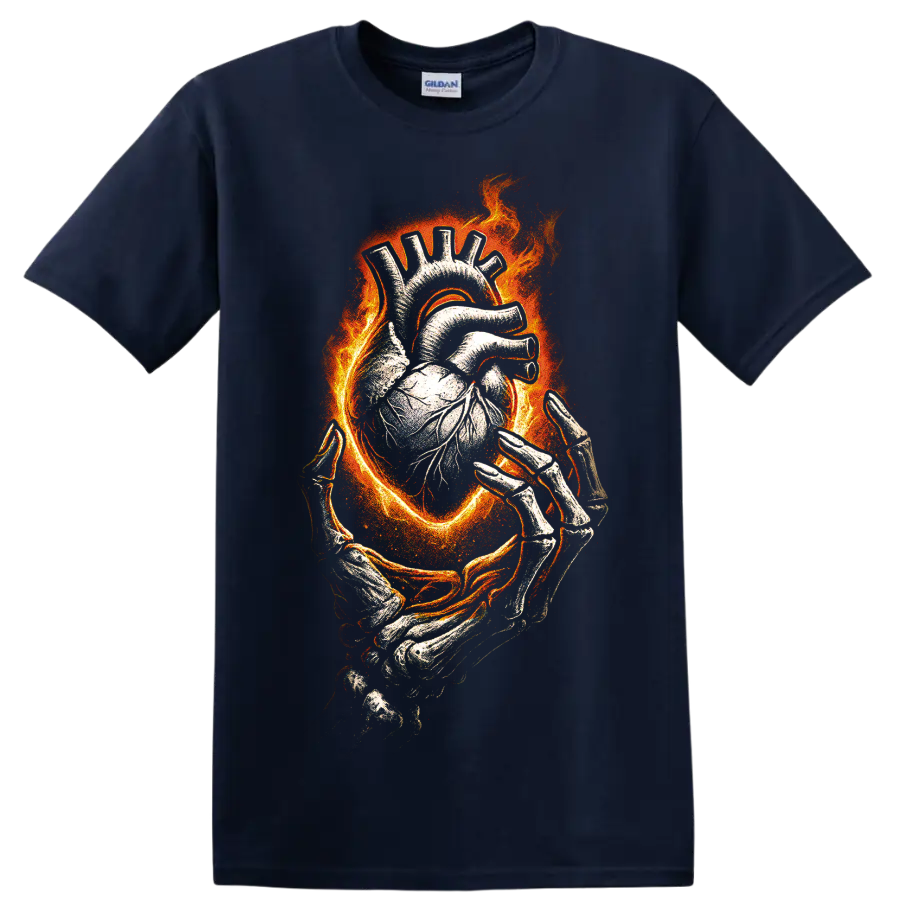 Flaming anatomical heart held by skeletal hands with gothic horror artwork on a Navy (Blue) T Shirt