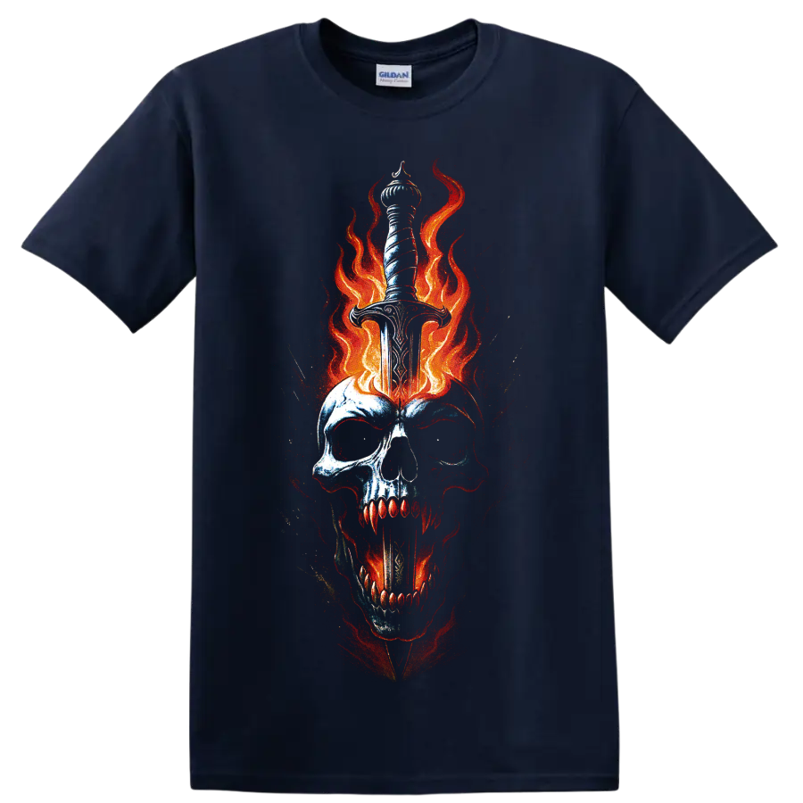 Fiery skull pierced by a dagger with red-orange flames, gothic horror art on a Navy (Blue) T Shirt