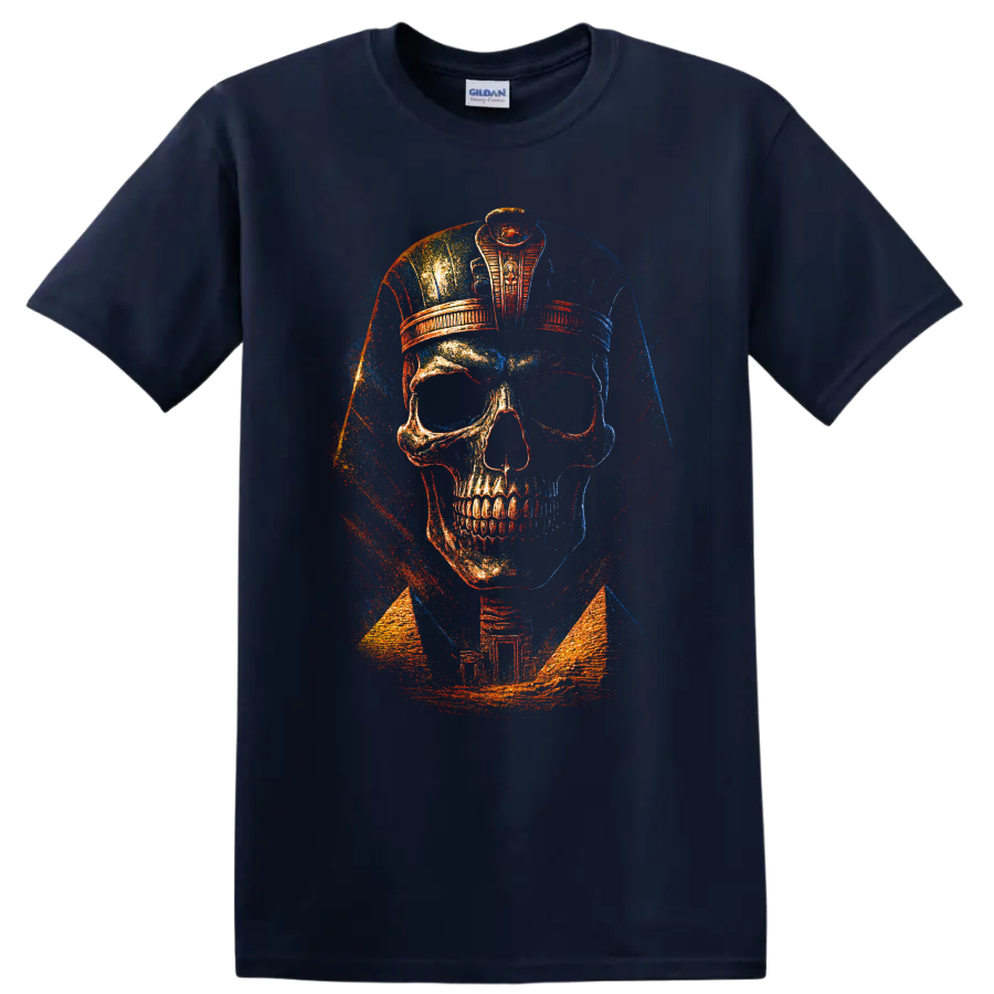 Distressed skull police officer cap graphic with red, blue, and gold artwork on a Navy (Blue) T Shirt
