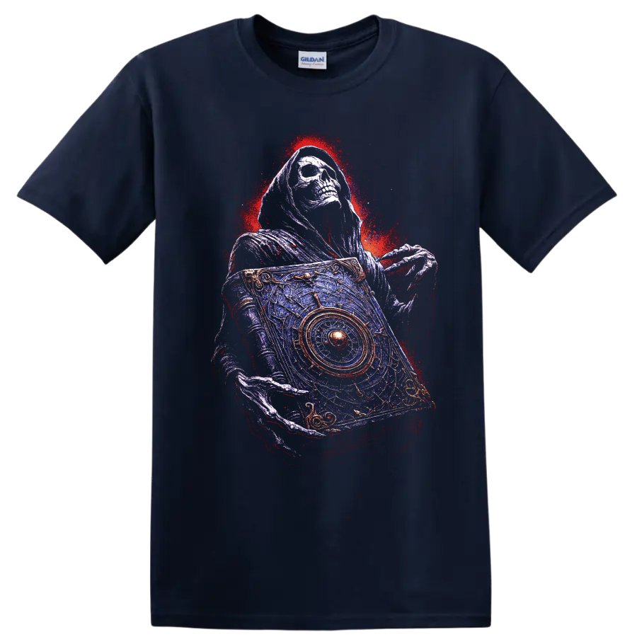 Hooded skull holding an ornate occult card in distressed gothic art style on a Navy (Blue) T Shirt