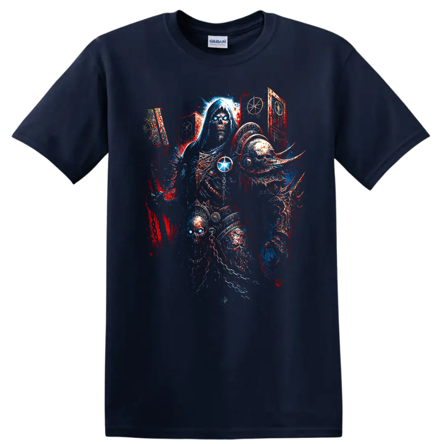 Hooded skull reaper gothic fantasy horror graphic print on a Navy (Blue) T Shirt