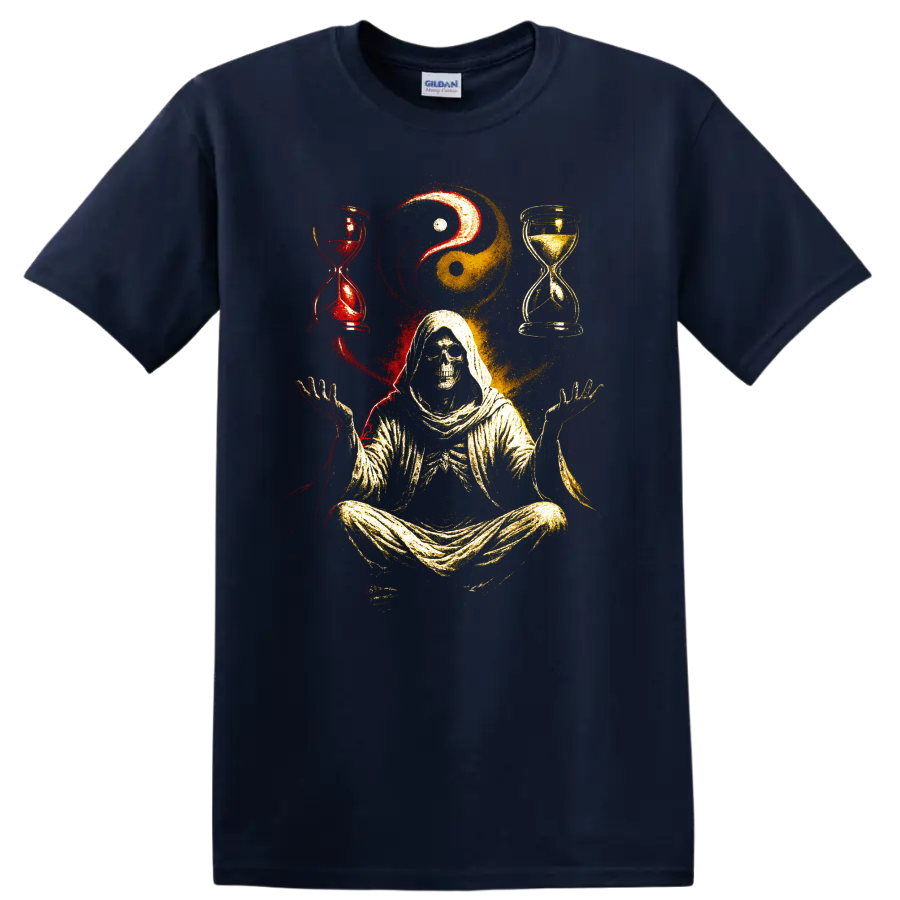 Hooded skull reaper meditating with yin yang and red-gold hourglasses on a Navy (Blue) T Shirt