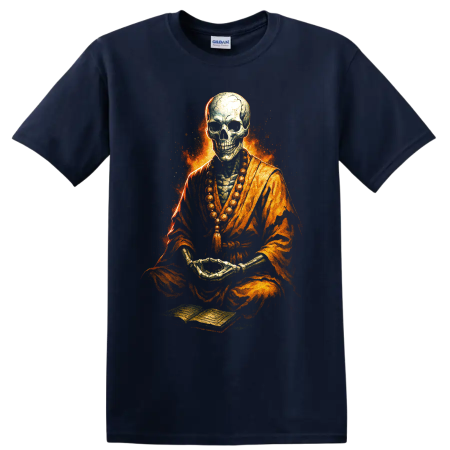 Fiery meditating skull skeleton in orange robes with prayer beads on a Navy (Blue) T Shirt