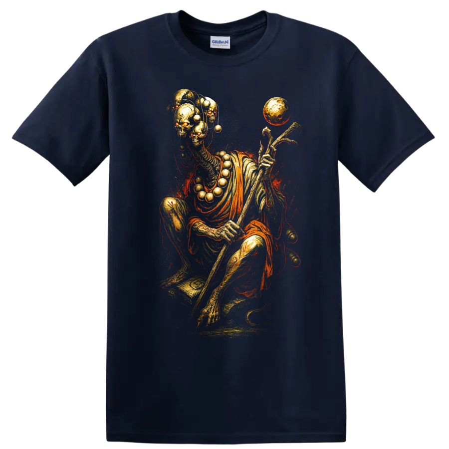 Golden skeleton skull with floating orb, surreal gothic graphic art on a Navy (Blue) T Shirt