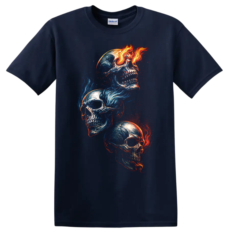 Three skulls in blue and red fire-and-ice gothic graphic art on a Navy (Blue) T Shirt