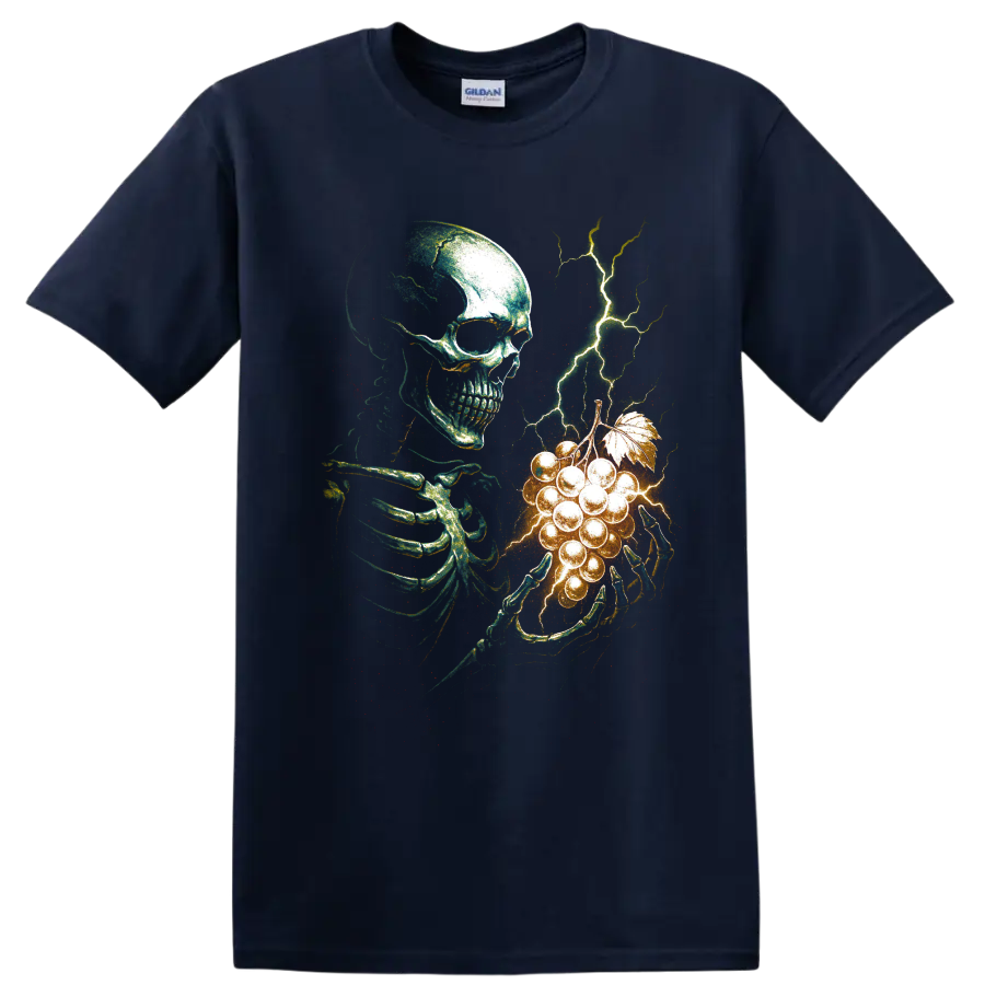 Gothic skeleton holding glowing grapes with branching lightning on a Navy (Blue) T Shirt