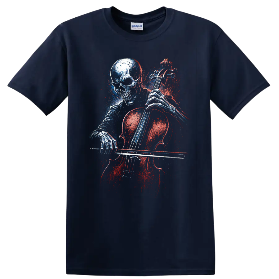 Gothic skull playing cello in distressed red and blue graphic art on a Navy (Blue) T Shirt