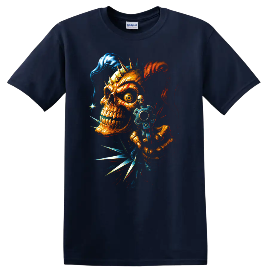 Punk skull with spikes and blue gear gothic horror graphic art on a Navy (Blue) T Shirt