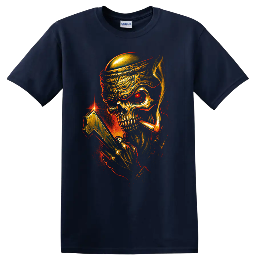 Pirate skull with ornate hat and golden cutlass gothic graphic on a Navy (Blue) T Shirt