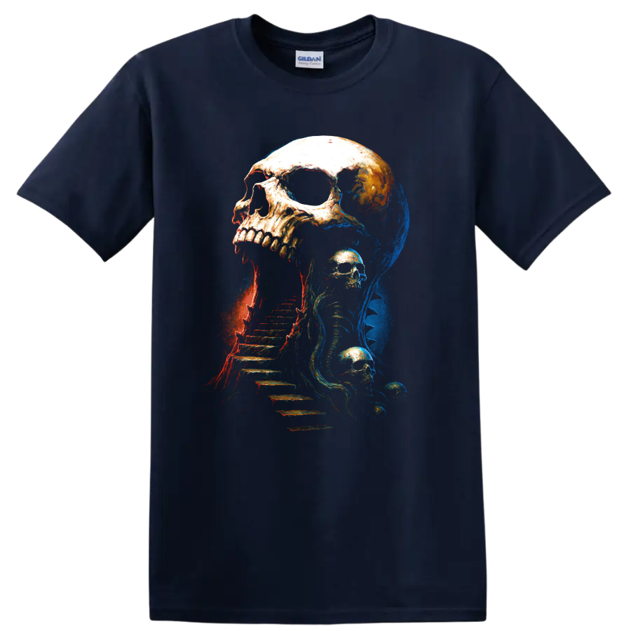 Gothic skull and skeleton staircase horror graphic art on a Navy (Blue) T Shirt