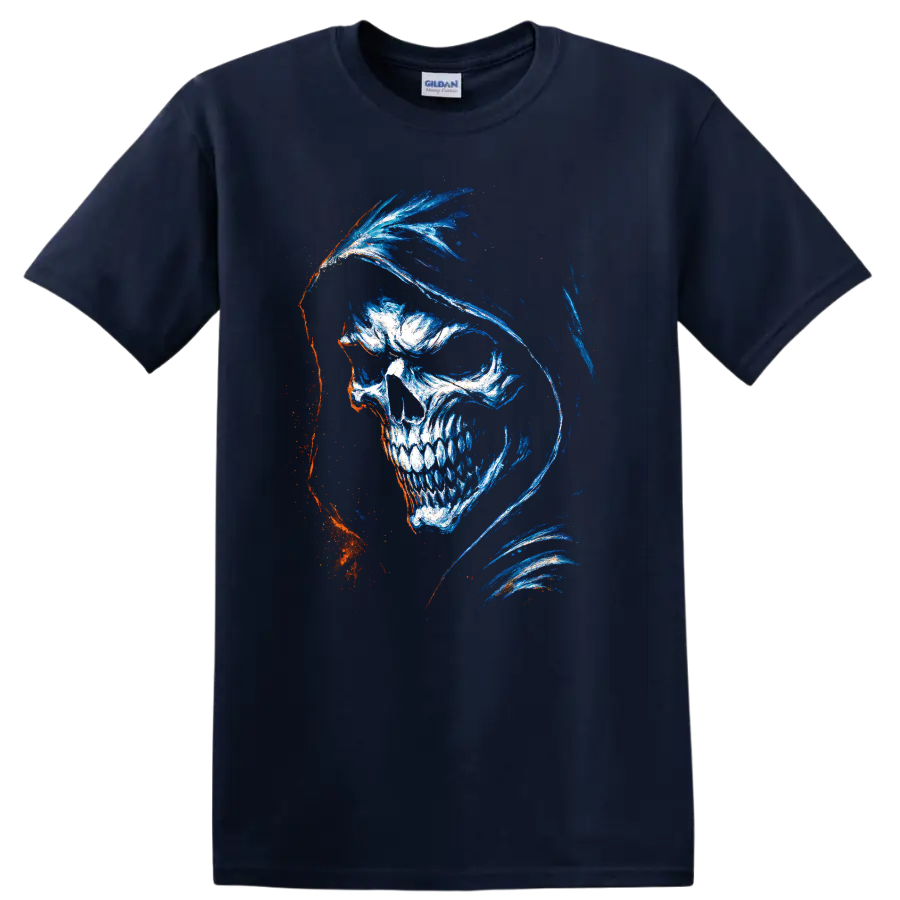 Hooded skull gothic horror graphic art with blue, white, and orange accents on a Navy (Blue) T Shirt