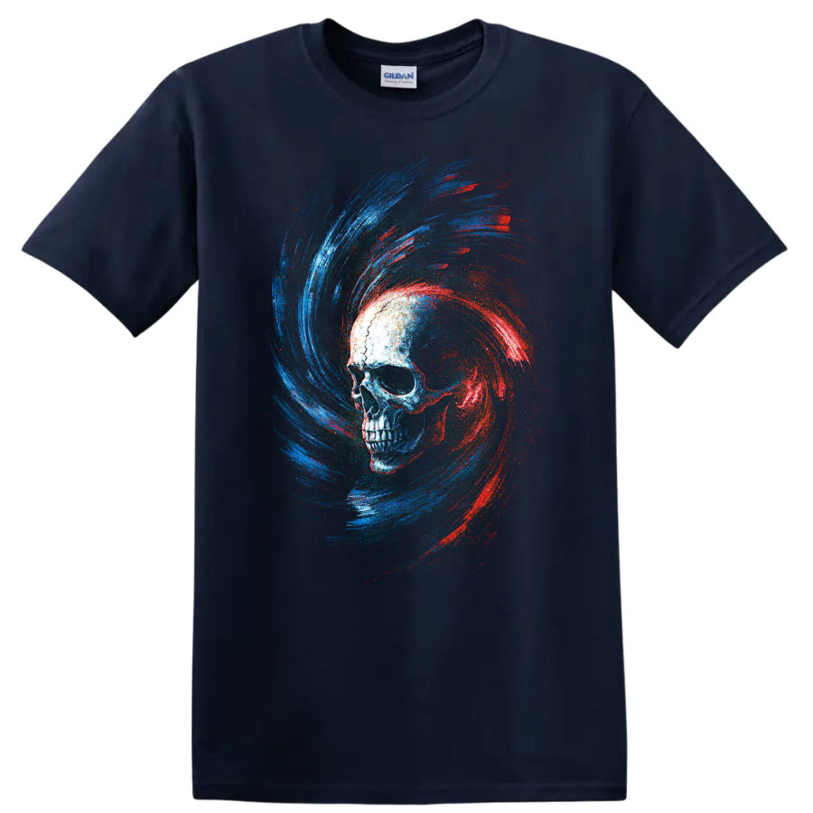 Gothic skull graphic with red and blue swirling brushstrokes on a Navy (Blue) T Shirt