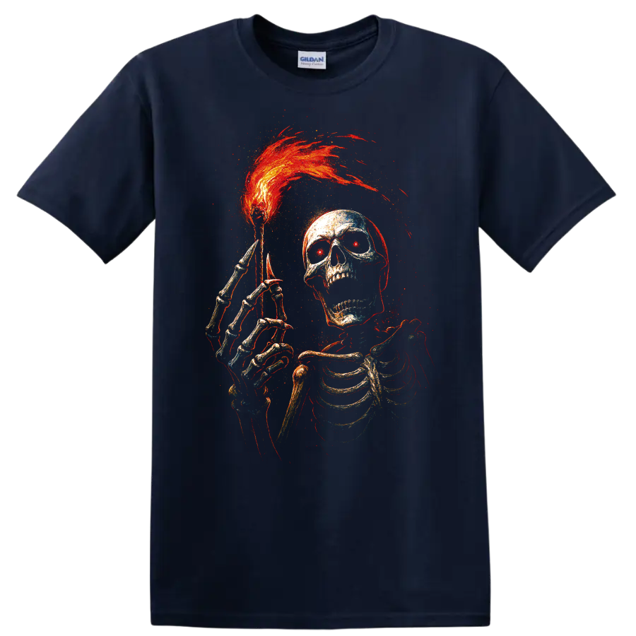 Flaming skull and skeleton gothic horror graphic with red and orange flames on a Navy (Blue) T Shirt