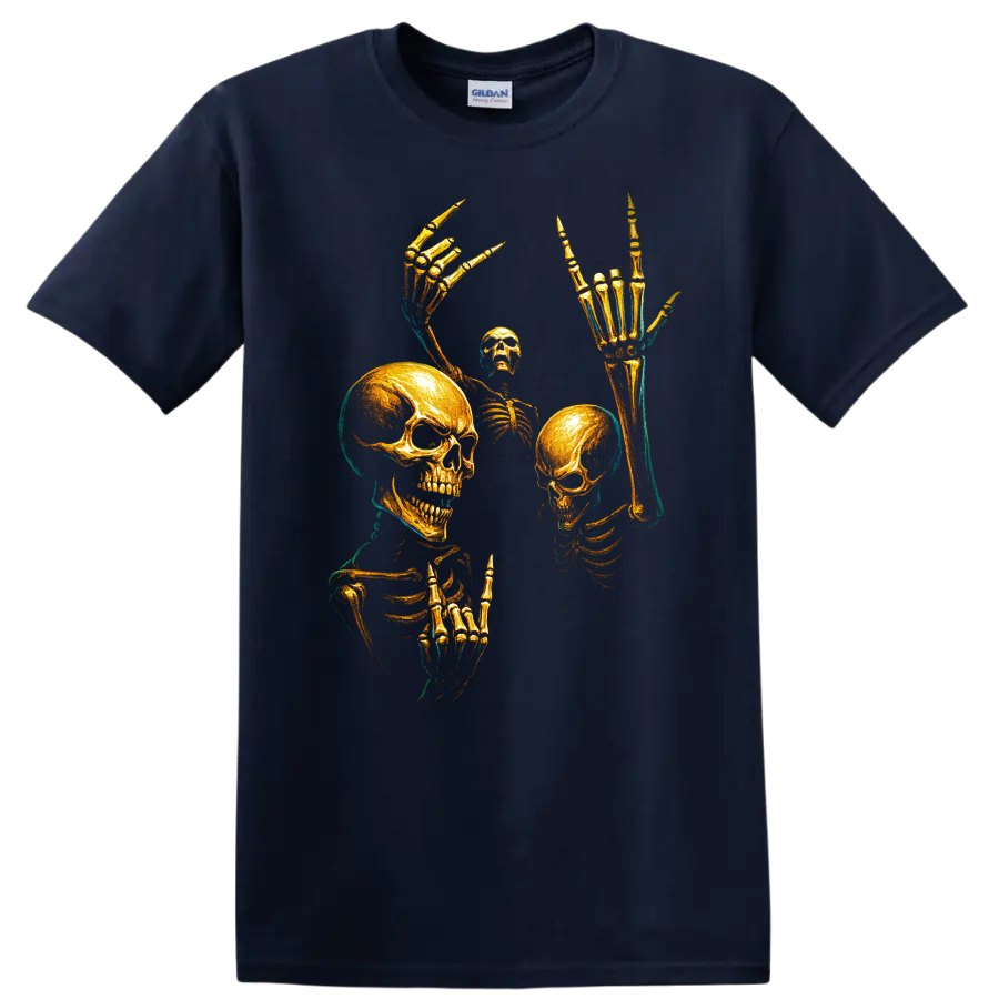 Gold skull skeleton gothic horror graphic with raised bony hands on a Navy (Blue) T Shirt