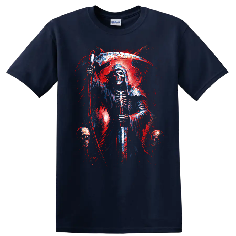 Grim reaper skull holding a scythe in distressed gothic horror art on a Navy (Blue) T Shirt