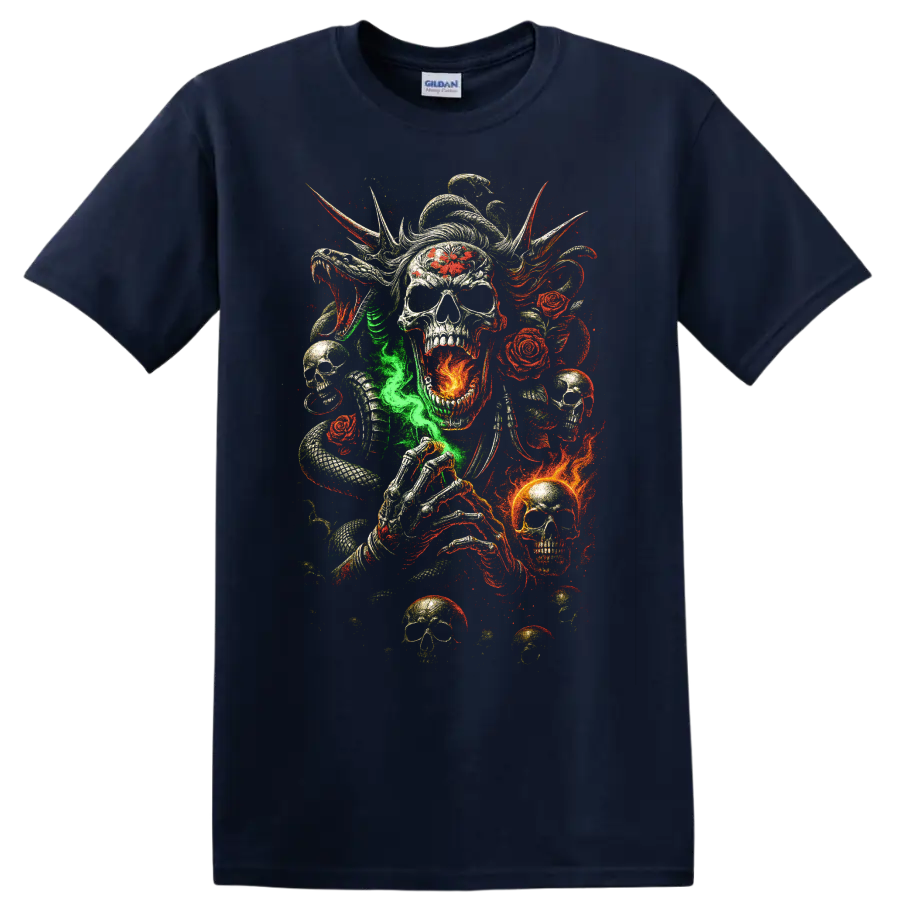 Gothic skull with snakes, roses, flames, and skeletal hand graphic on a Navy (Blue) T Shirt