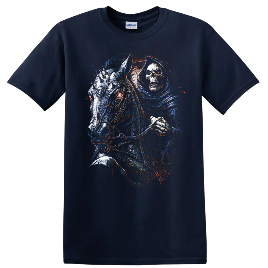 Colorful gothic skull horse and grim reaper fantasy illustration on a Navy (Blue) T Shirt